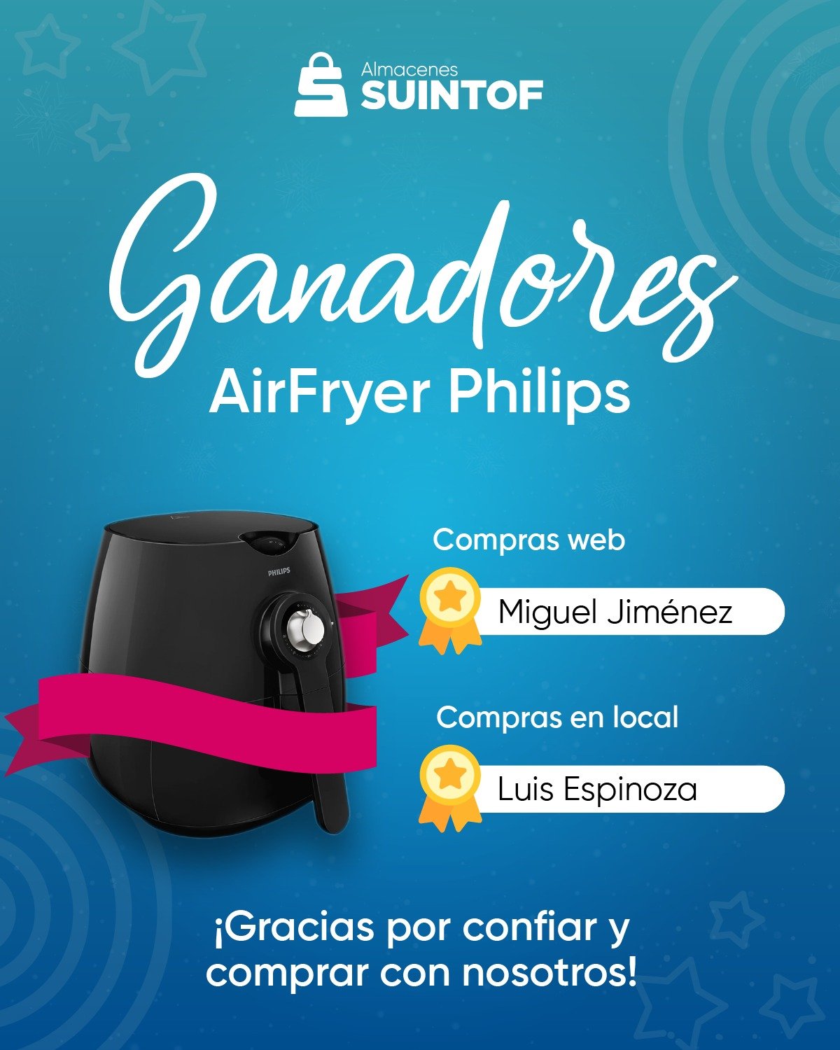 🎁 Iniciamos el año con premios

Felicitamos a Miguel y Luis, ganadores de nuestras Airfryers Philips sorteadas por las compras realizadas durante diciembre 🎉

Gracias a todos nuestros clientes por confiar en nosotros y ser parte de nuestra comunidad. Empezamos este nuevo año premiando su preferencia.💙

#Suintof #Ganadores #Sorteo #ClientesFelices
