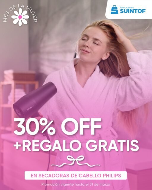 💨✨ Dale a tu cabello el cuidado que merece ✨
Este Mes de la Mujer consiéntete con una secadora Philips y disfruta de un secado rápido, menos frizz y un acabado increíble todos los días 💖

Aprovecha hasta 30% OFF + REGALO GRATIS 🎁
En todas las secadoras de cabello Philips.

🛍️ Promoción válida hasta el 31 de marzo
Escríbenos por WhatsApp y te ayudamos a elegir la ideal para ti 📲 0989510117
🛒 Compra por WhatsApp, web o visítanos en tienda.
No dejes pasar esta oportunidad… ¡aprovecha ahora! 💕

#Suintof #MesDeLaMujer #PromociónMarzo #PhilipsFemenino #RegaloGratis #Descuentos #secadorasdecabello